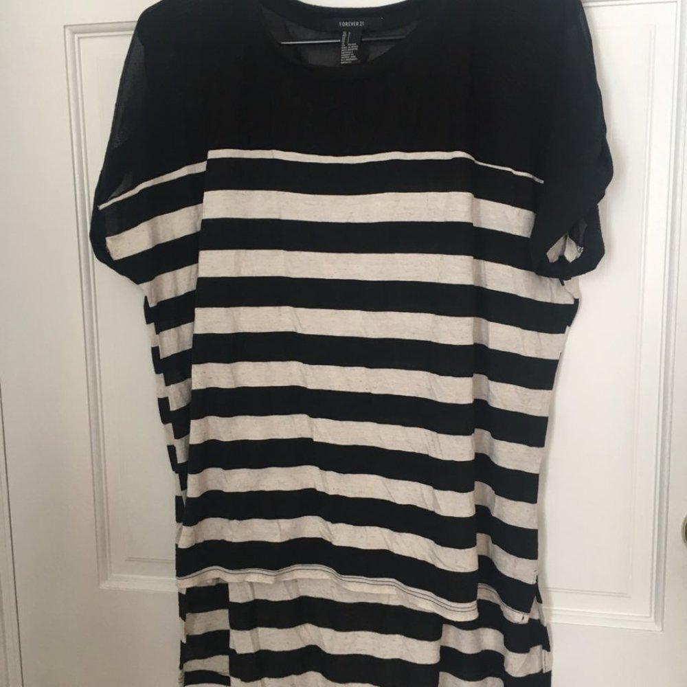 Forever 21 Short sleeve black & cream stripe  top with sheer top area.
